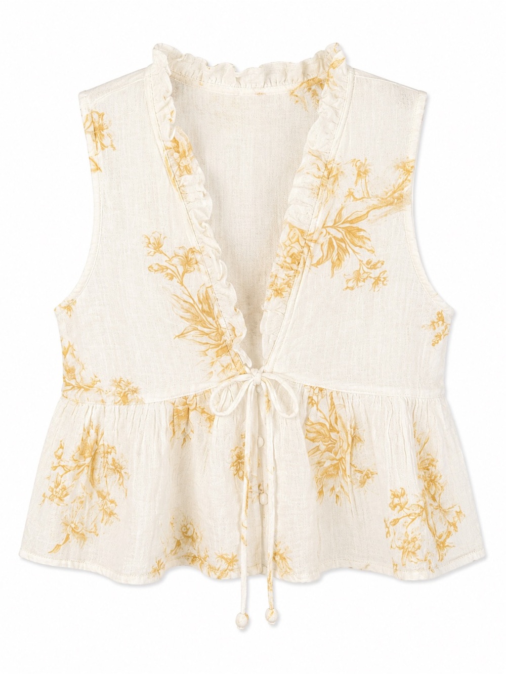 Women’s Cream Floral Tie-Front Ruffle Tank Top